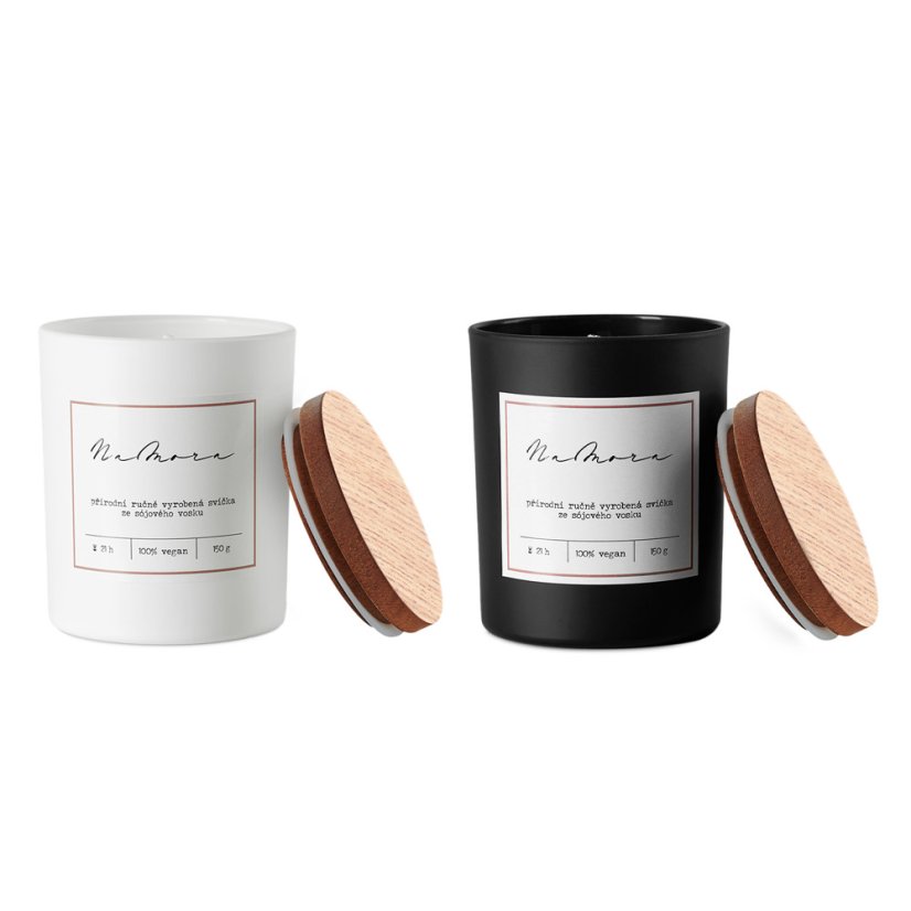Sada sójových svíček v černém a bílém skle s natural dřevěným víčkem