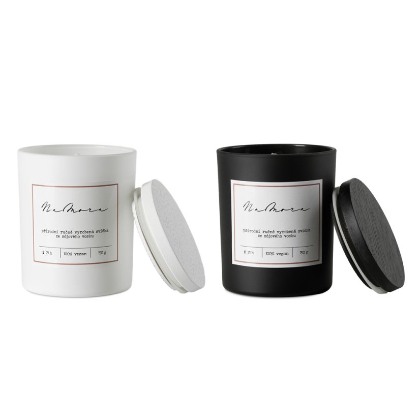 Sada sójových svíček v černém a bílém skle s černým a bílým víčkem