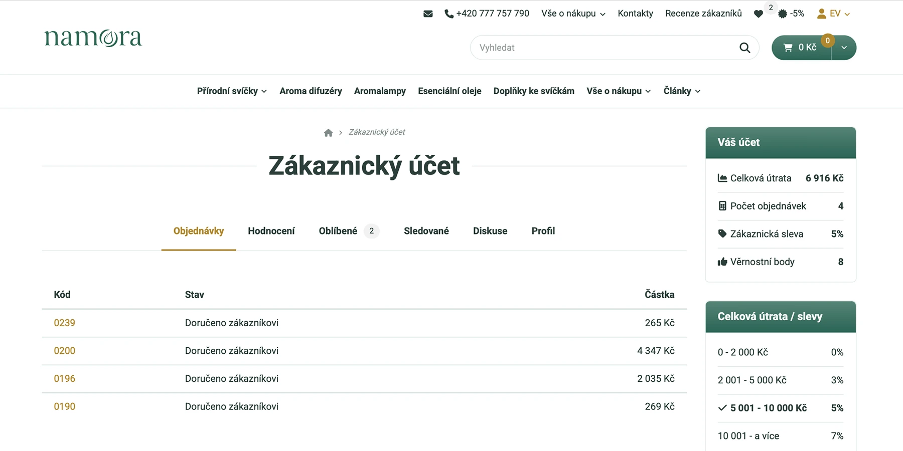 Přehled objednávek v zákaznickém účtu na Namora.cz