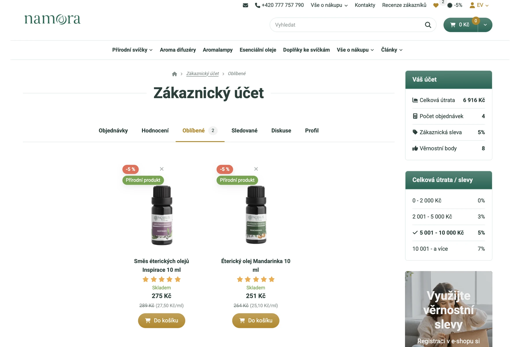 Oblíbené produkty v zákaznickém účtu Namora.cz