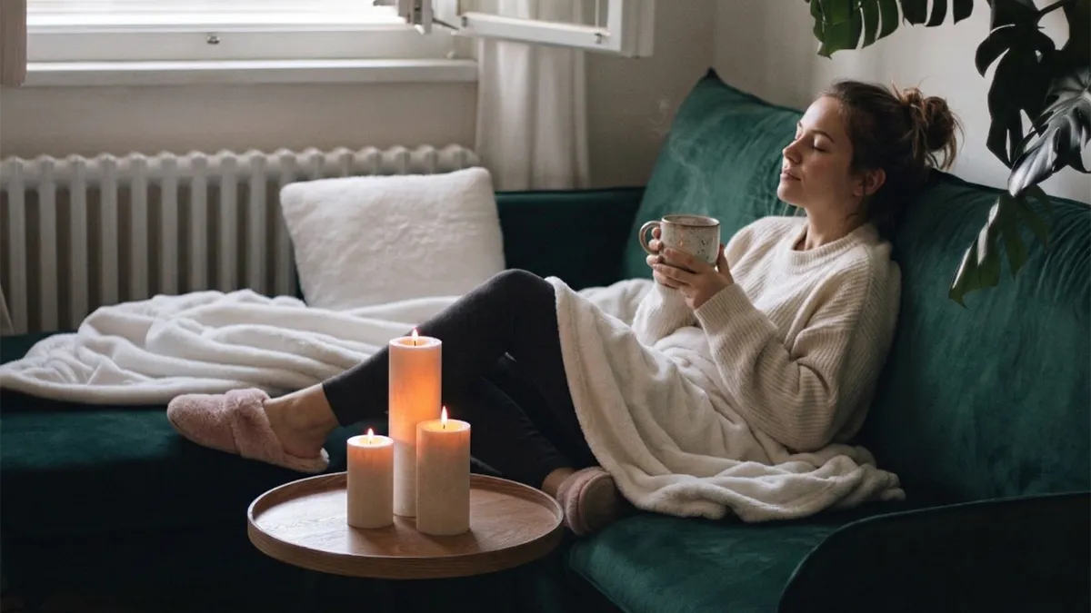 Svíčky z palmového vosku v interiéru s relaxující ženou v obývacím pokoji