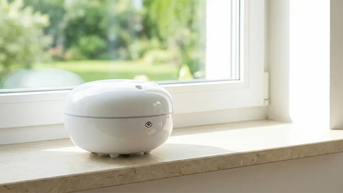 Ultrazvukový difuzér Macaron White na parapetu okna