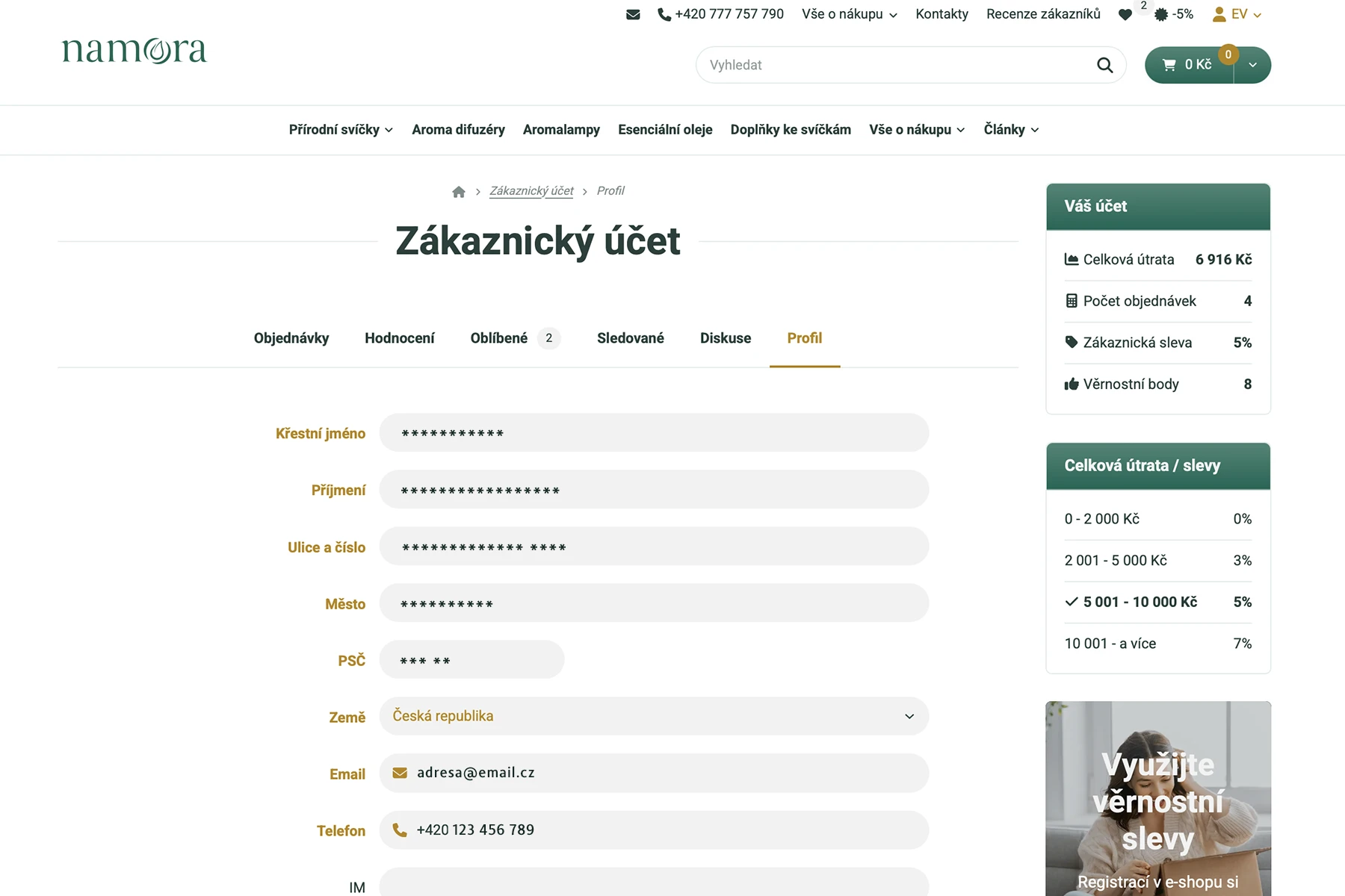 Kontaktní údaje v zákaznickém účtu Namora.cz