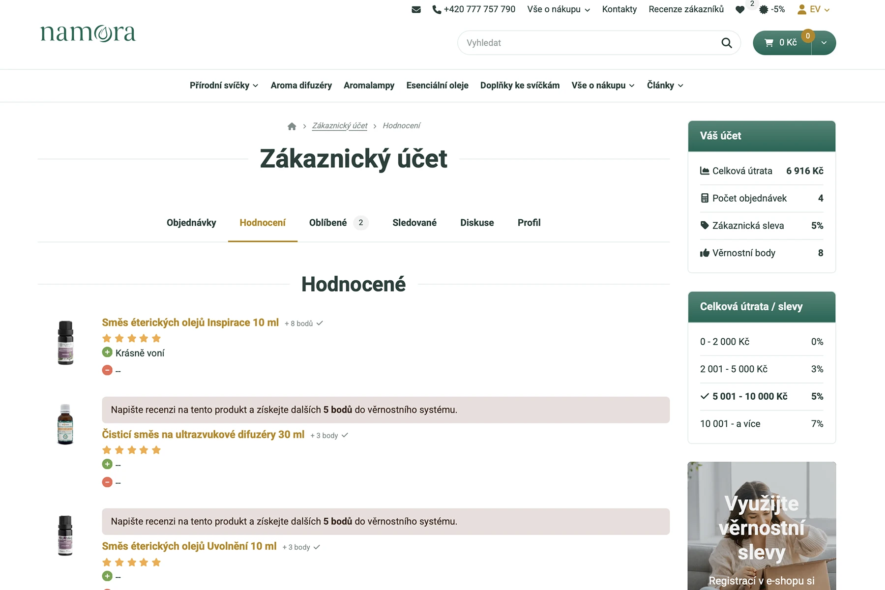 Zákaznický účet na Namora.cz a přehled kreditů