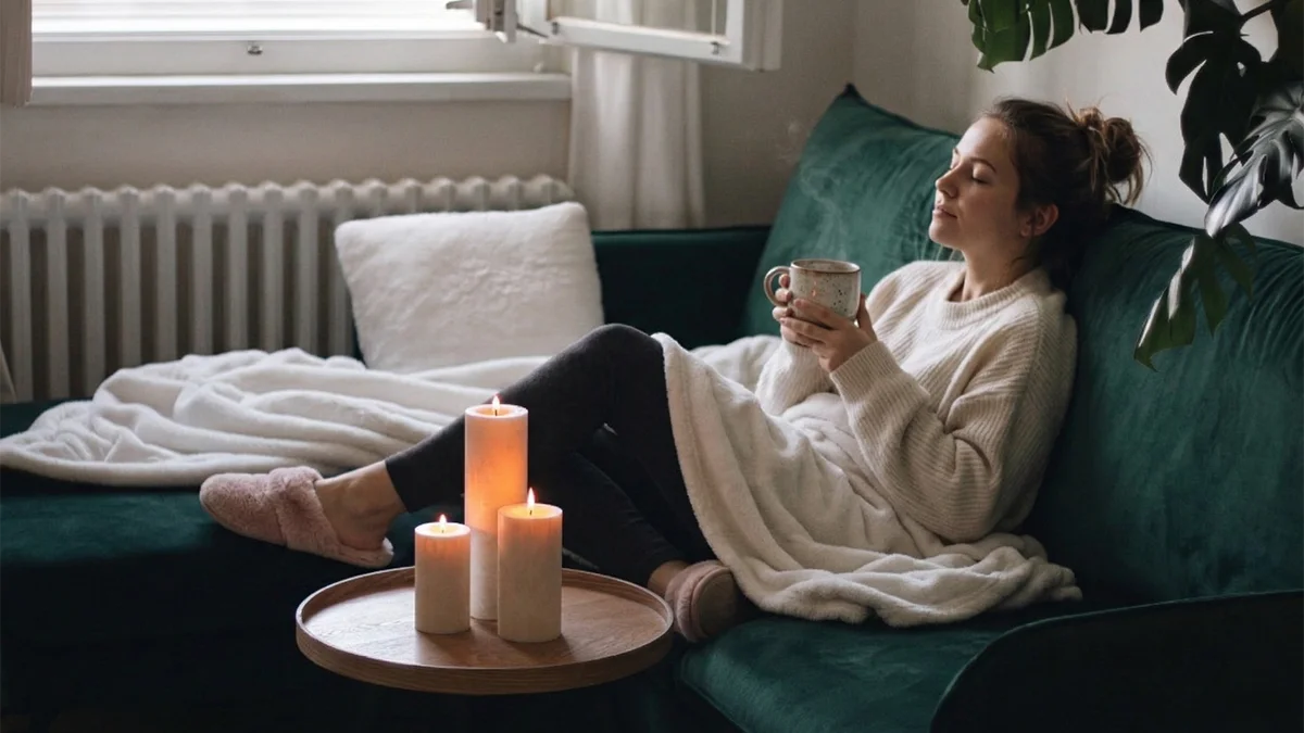 Skupina svíček z palmového vosku na stole a relaxující žena